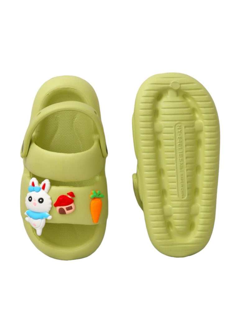Yellow Bee Top & Bottom View of Green Pasture Pals Themed Sandals For Kids.