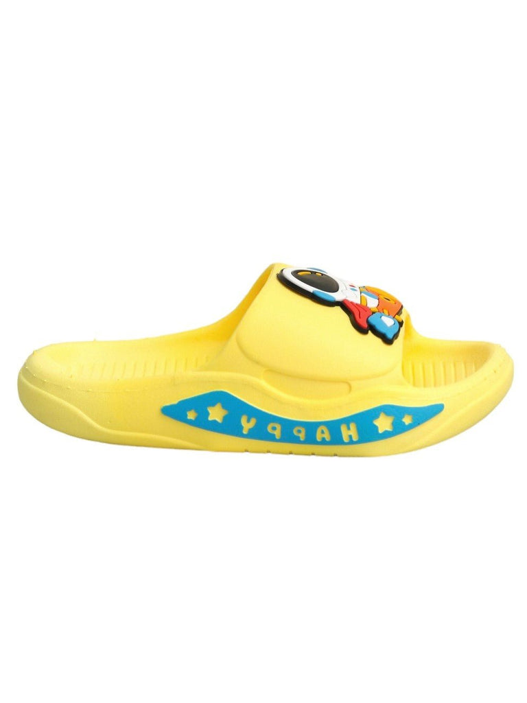 Side view of Yellow Bee Kids' Sliders in yellow with cartoon astronaut print