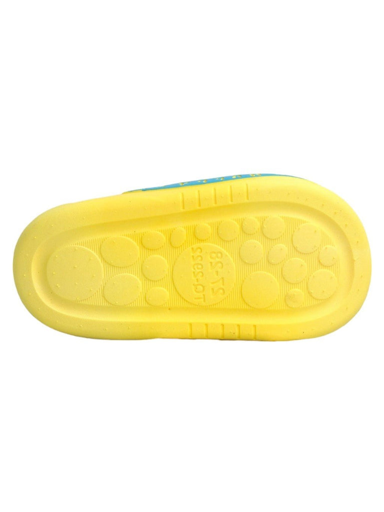 Bottom view showing the texture and design of the sole of Yellow Bee Kids’ Yellow Sliders
