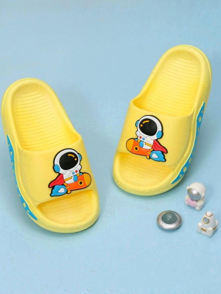 Creative display of Yellow Bee Kids' Sliders with cartoon astronaut, ideal for imaginative play