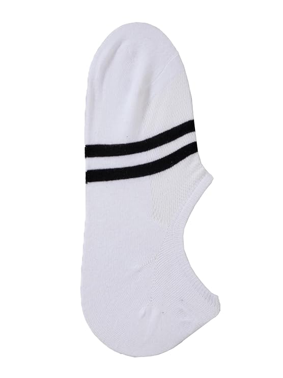 White loafer sock with black stripes, offering a comfortable toe seam and a non-slip heel, suitable for boys