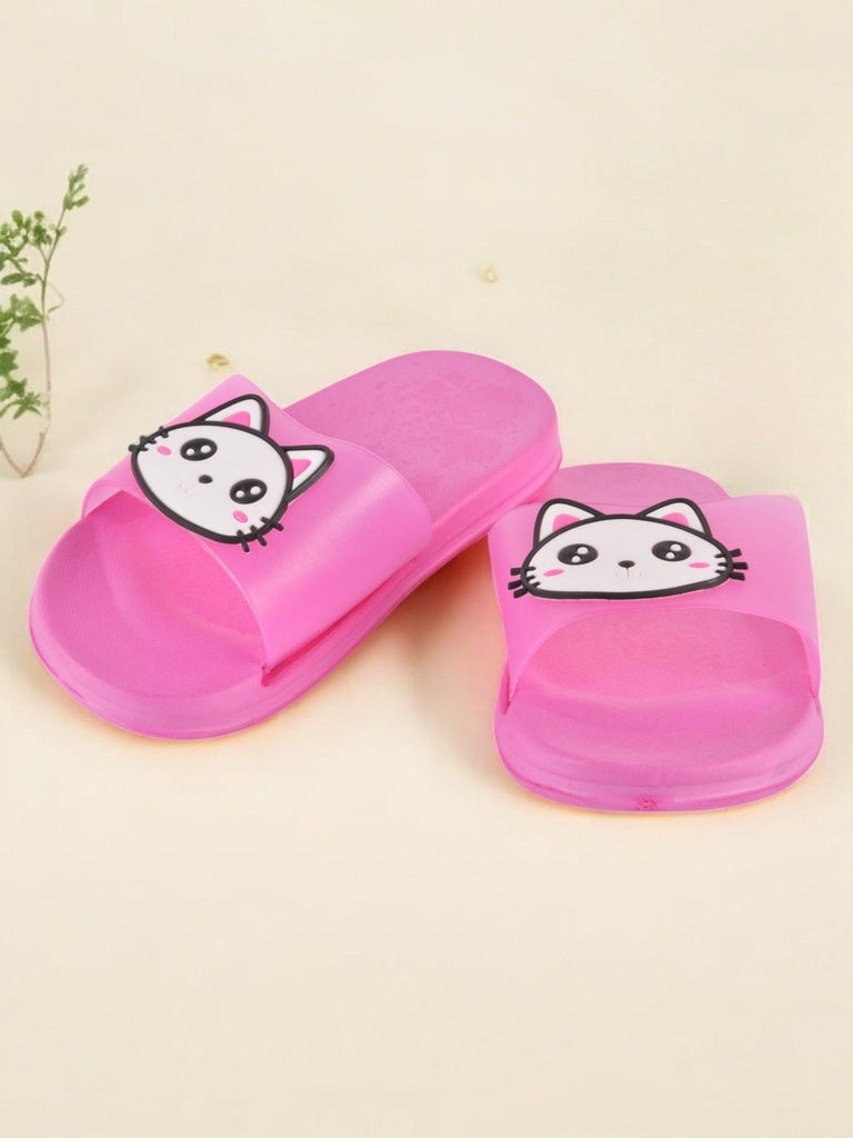 Creative shot of dark pink Kitty Face Slides for Girls with cute kitty face detailing.