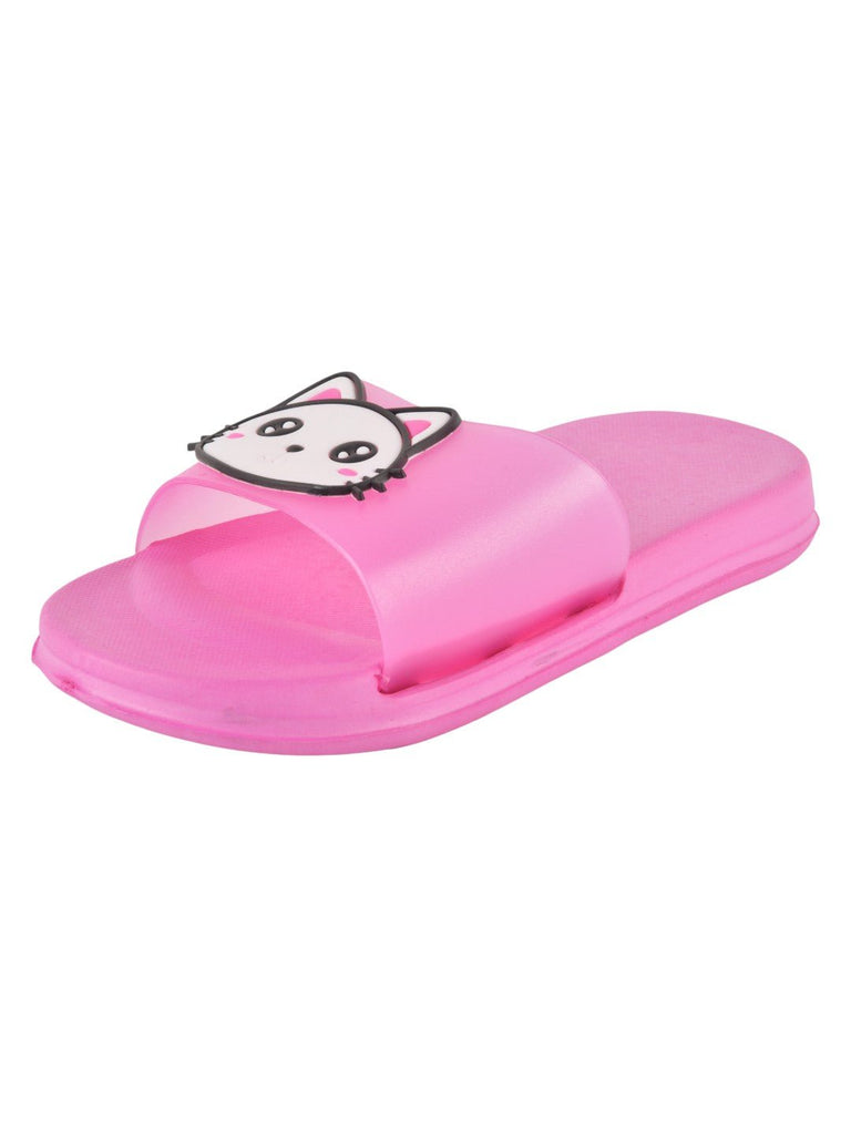 angle shot of dark pink Kitty Face Slides for Girls with cute kitty face detailing.