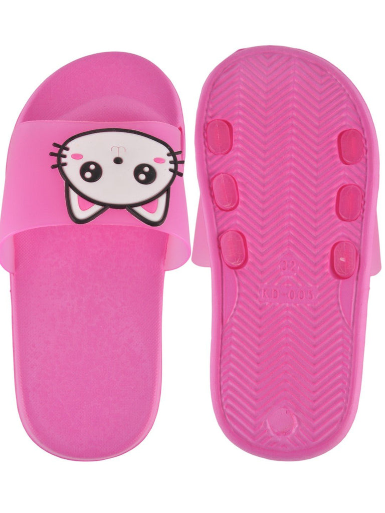 front and abck shot of dark pink Kitty Face Slides for Girls with cute kitty face detailing.