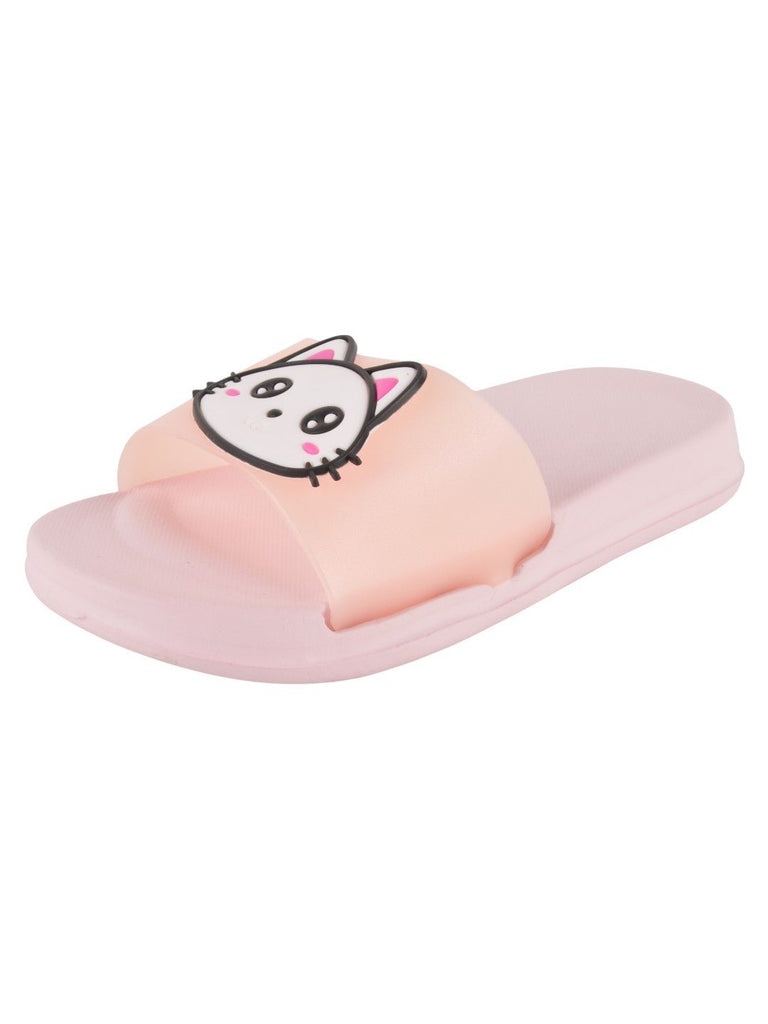 Kitty Face Slides for Girls - Peach, angle view featuring playful kitty theme in peach color.