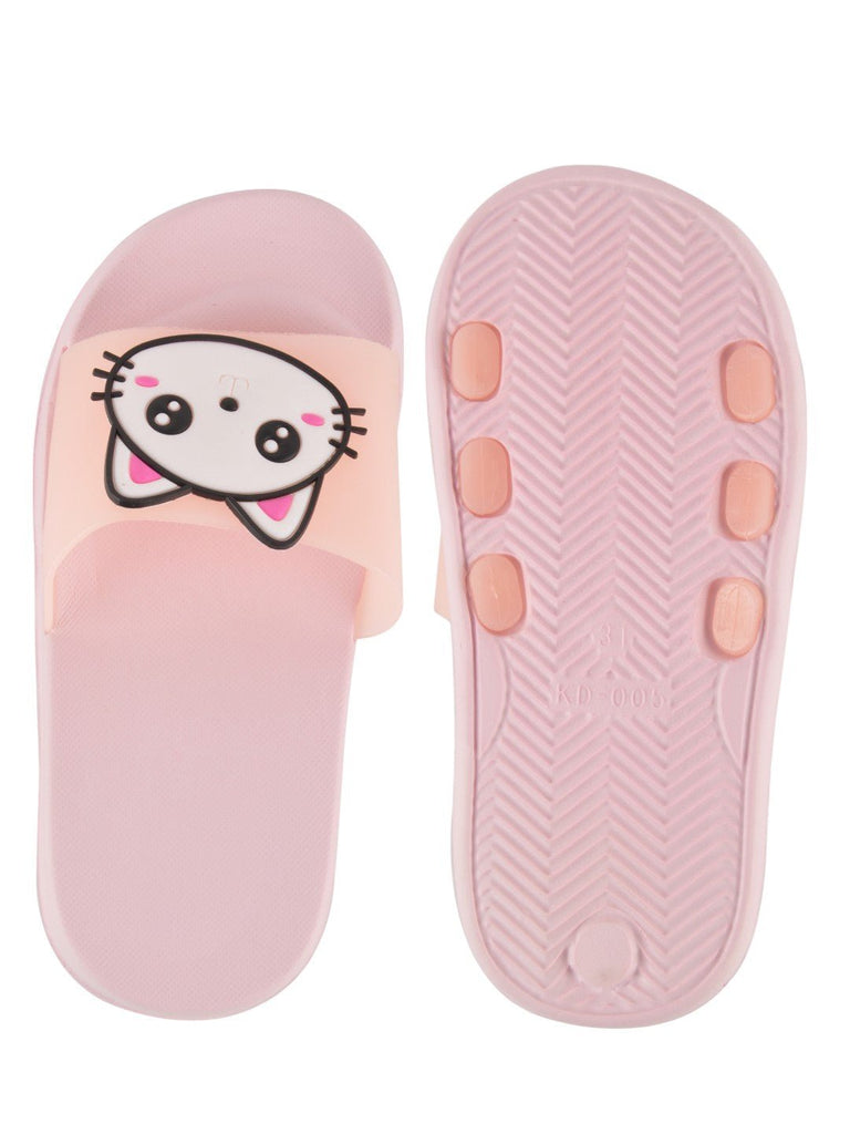 Kitty Face Slides for Girls - Peach, front and back view featuring playful kitty theme in peach color.