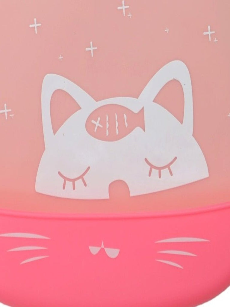 Close-up of the cat design on the Kitty Whiskers Silicone Baby Bib