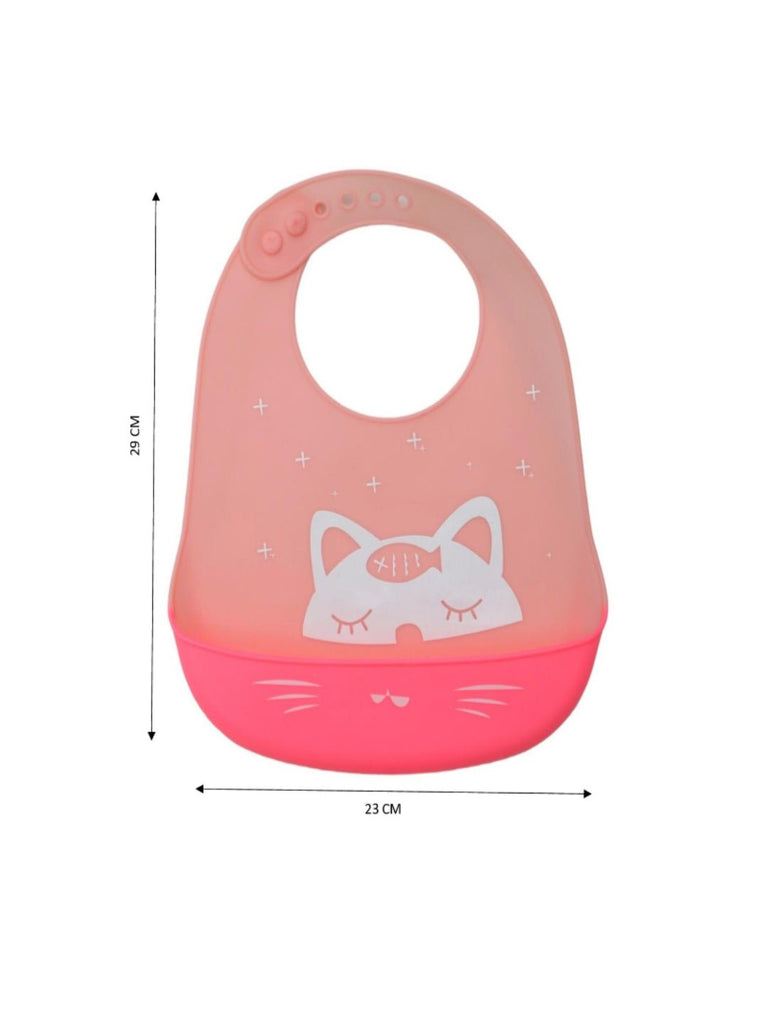 Size dimensions of the Kitty Whiskers Adjustable Silicone Baby Bib for Girls by Yellow Bee.