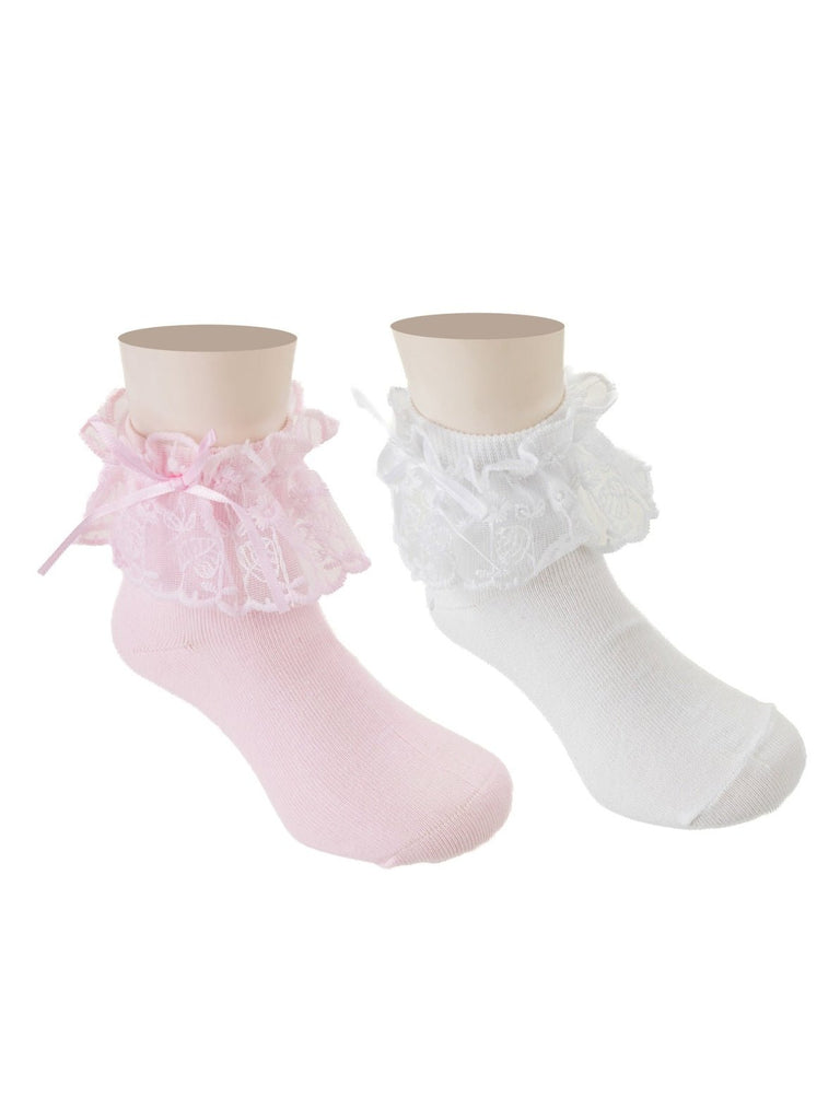 Side view of pink and white baby socks with lace trims and satin bows.