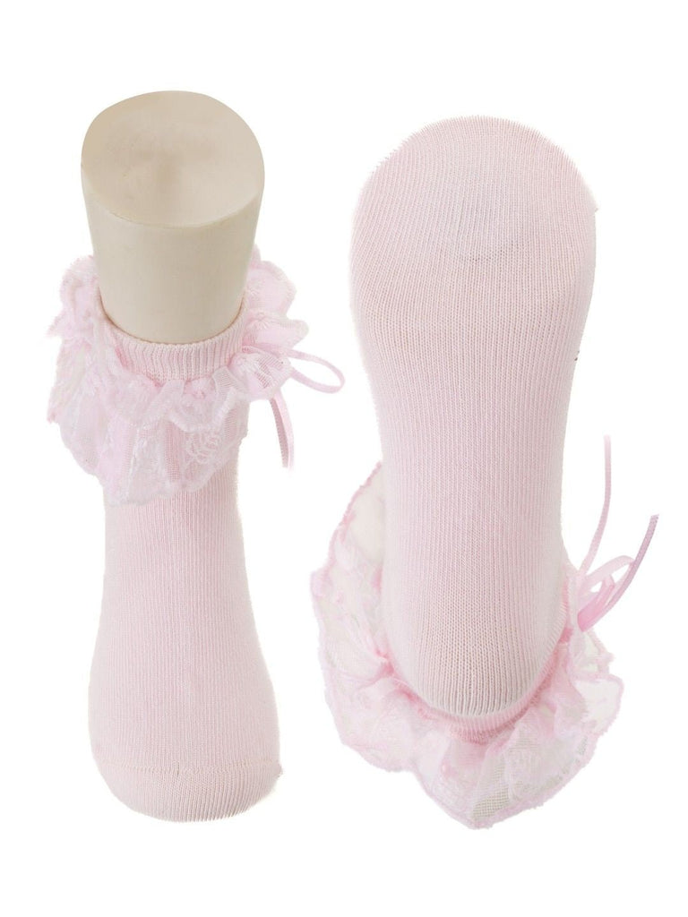 Front and back view of pink baby sock with lace trim and bow accent, showcasing the design from multiple angles.