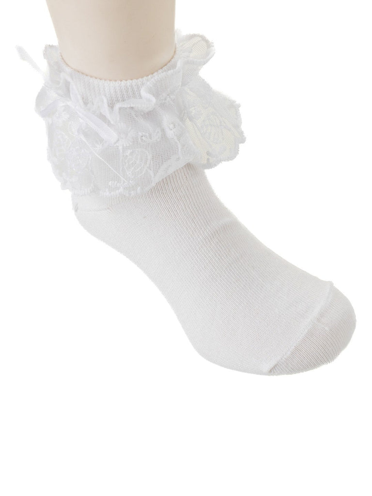 Side view of white baby sock featuring lace trim and bow accent.