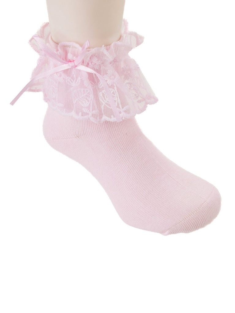 Side view of pink baby sock featuring lace trim and bow accent.