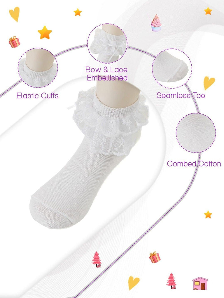 White baby sock with lace trim, bow embellishment, elastic cuffs, and seamless toe, highlighting product features.