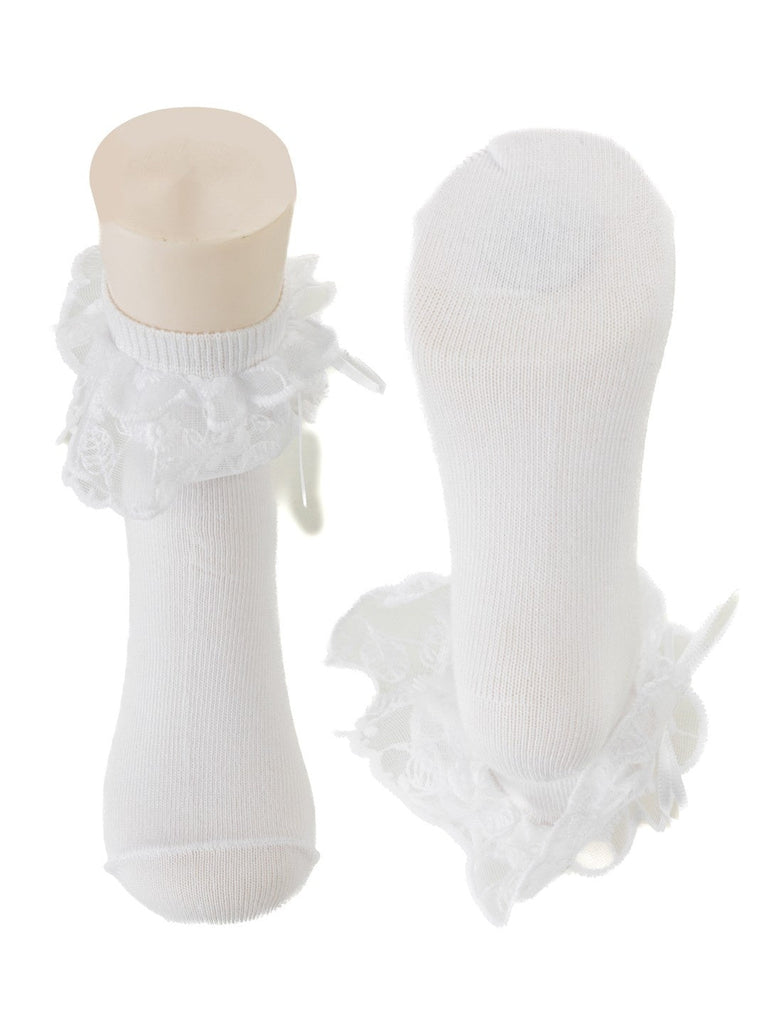 Front and back view of white baby sock with lace trim and bow accent, highlighting the seamless design.