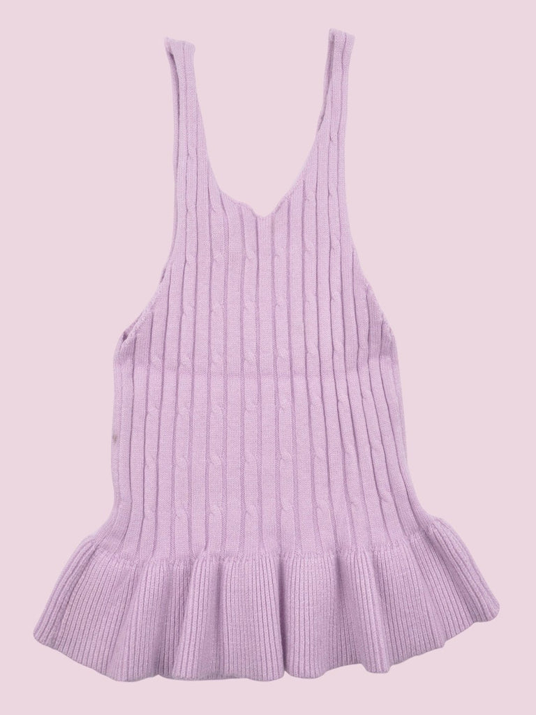 Back view of Lavender Knitted Sleeveless Ruffled Top with Bow Detail for Girls

