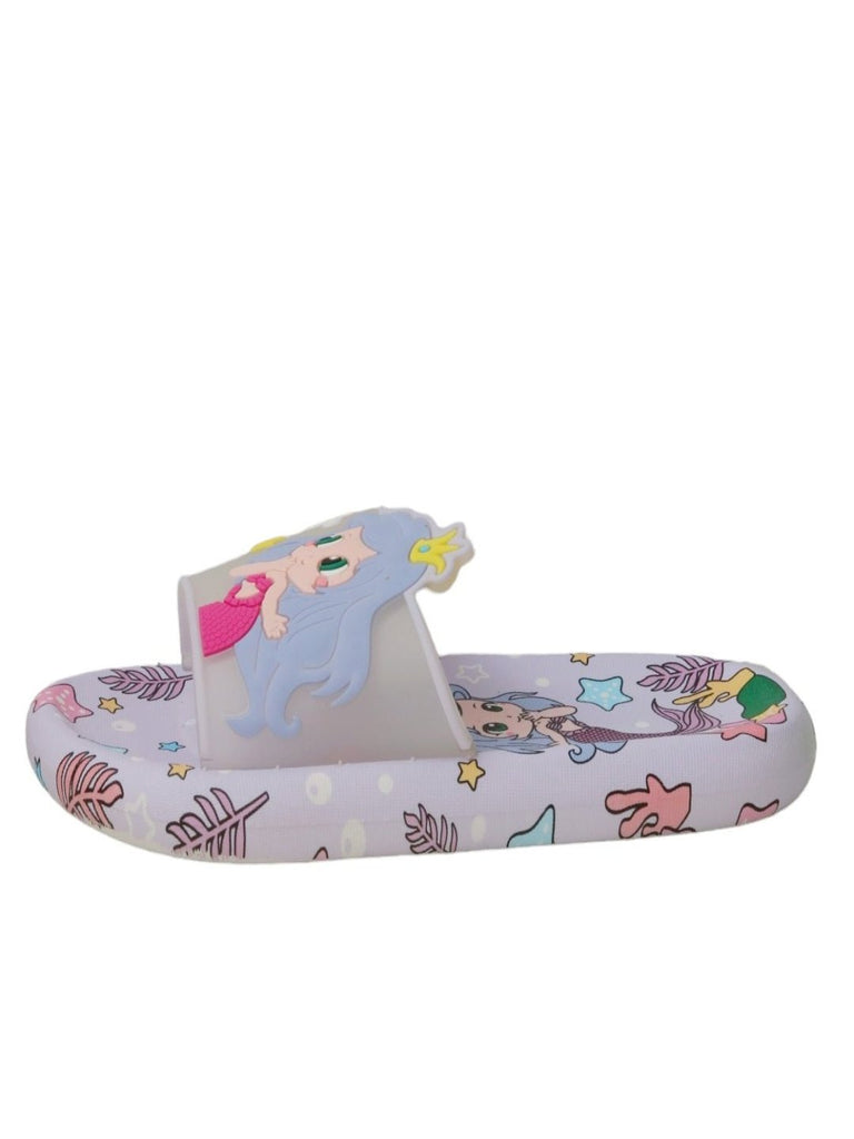 Side view of the Purple Mermaid Princess Slides, focusing on the sling back closure and sole design.