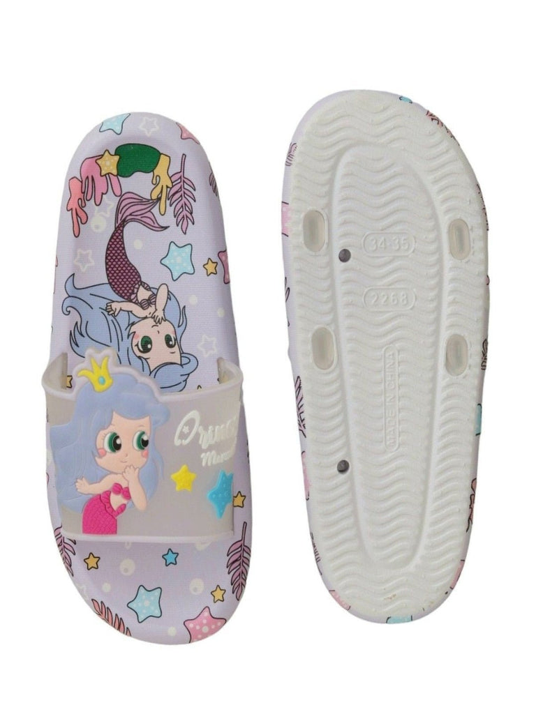 Front and back views of the Purple Mermaid Princess Slides, showcasing the design continuity and fit.