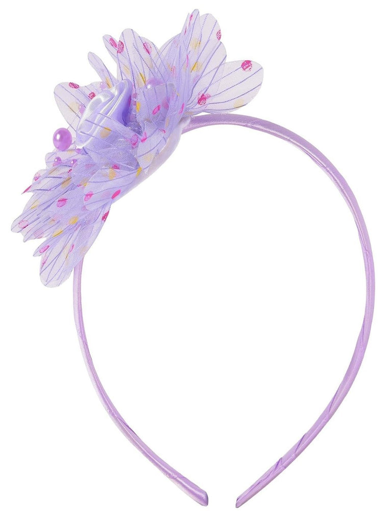 Angle view of Yellow Bee Purple Cotton Ruffle Flower Hairband with elegant faux flower.