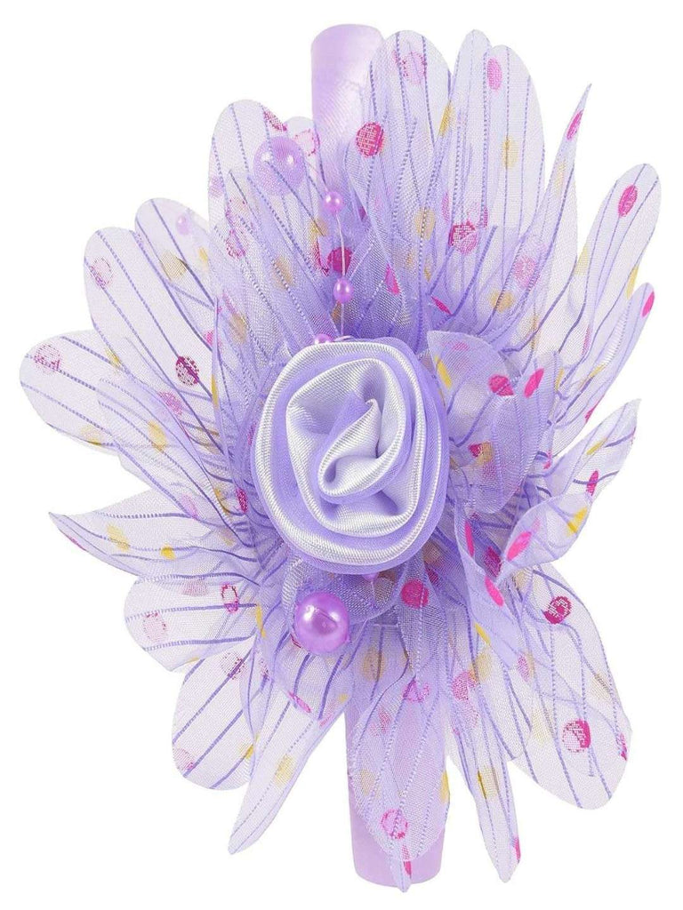 Close up view of Yellow Bee Purple Cotton Ruffle Flower Hairband highlighting the detailed faux flower