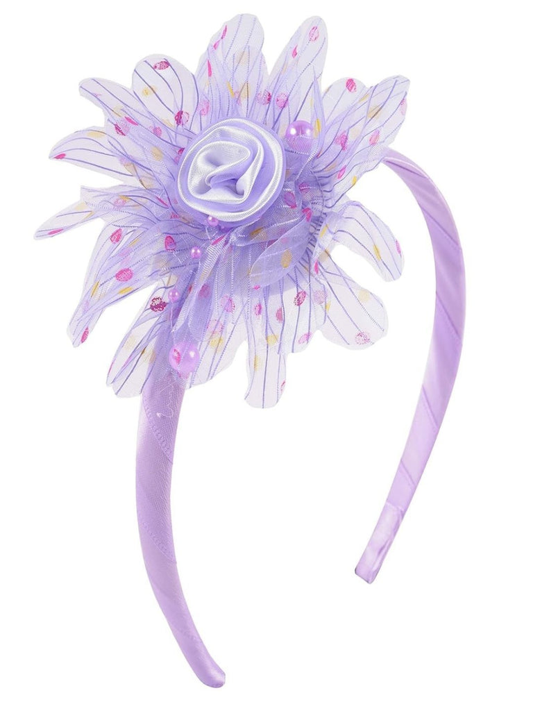 Side view of Yellow Bee Purple Cotton Ruffle Flower Hairband showcasing its intricate design