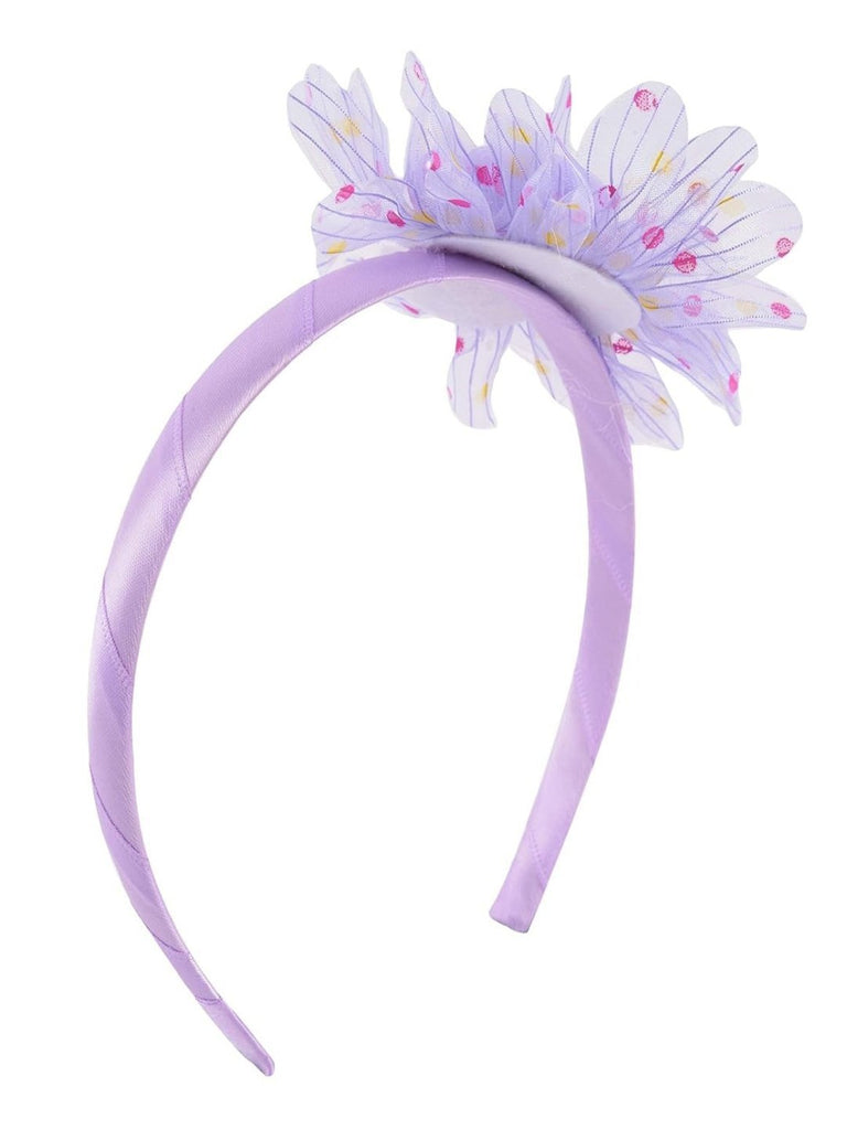 Front view of Yellow Bee Purple Cotton Ruffle Flower Hairband with elegant faux flower.