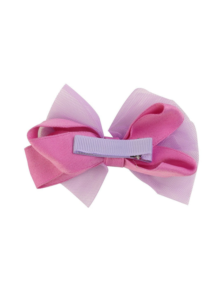 Back view of the large tulle layered hair bow clip for girls in purple and pink by Yellow Bee.