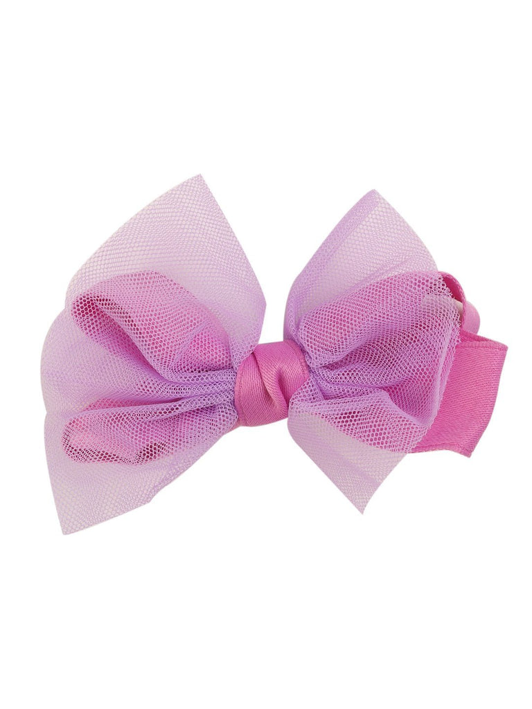 Front view of the large tulle layered hair bow clip for girls in purple and pink by Yellow Bee.