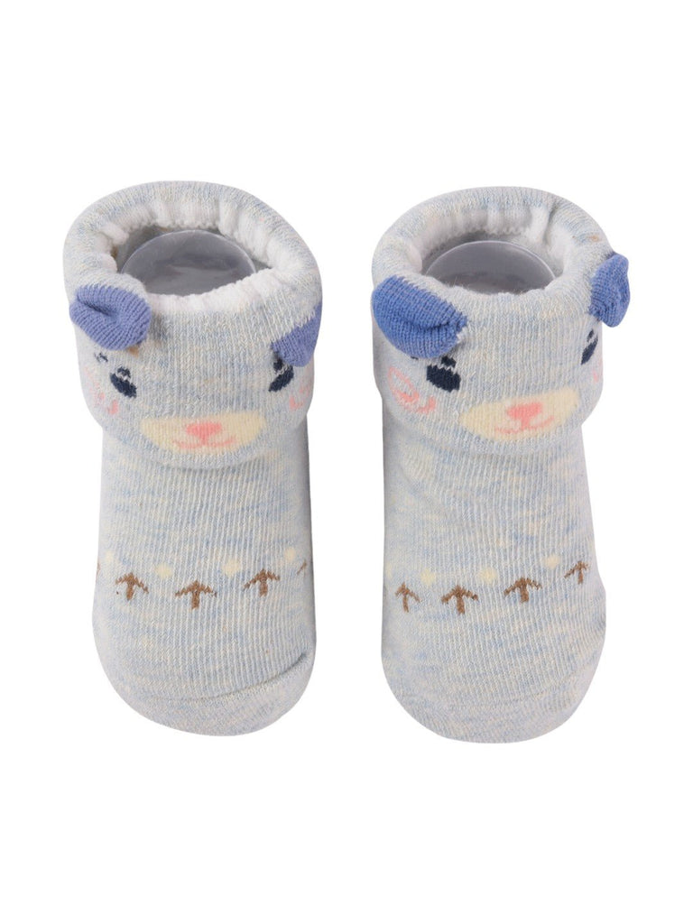 Upper view of Light Blue Baby Socks with Cute Bear Face and Ear Accents.