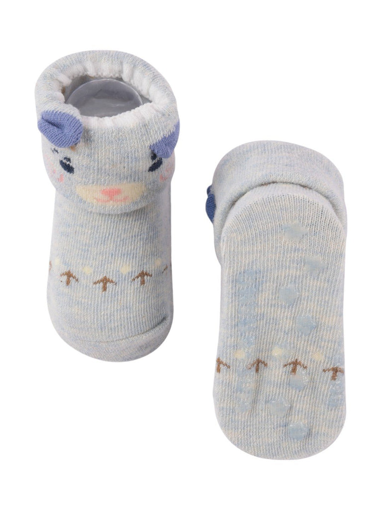 Front and back view of Light Blue Baby Socks with Cute Bear Face and Ear Accents.