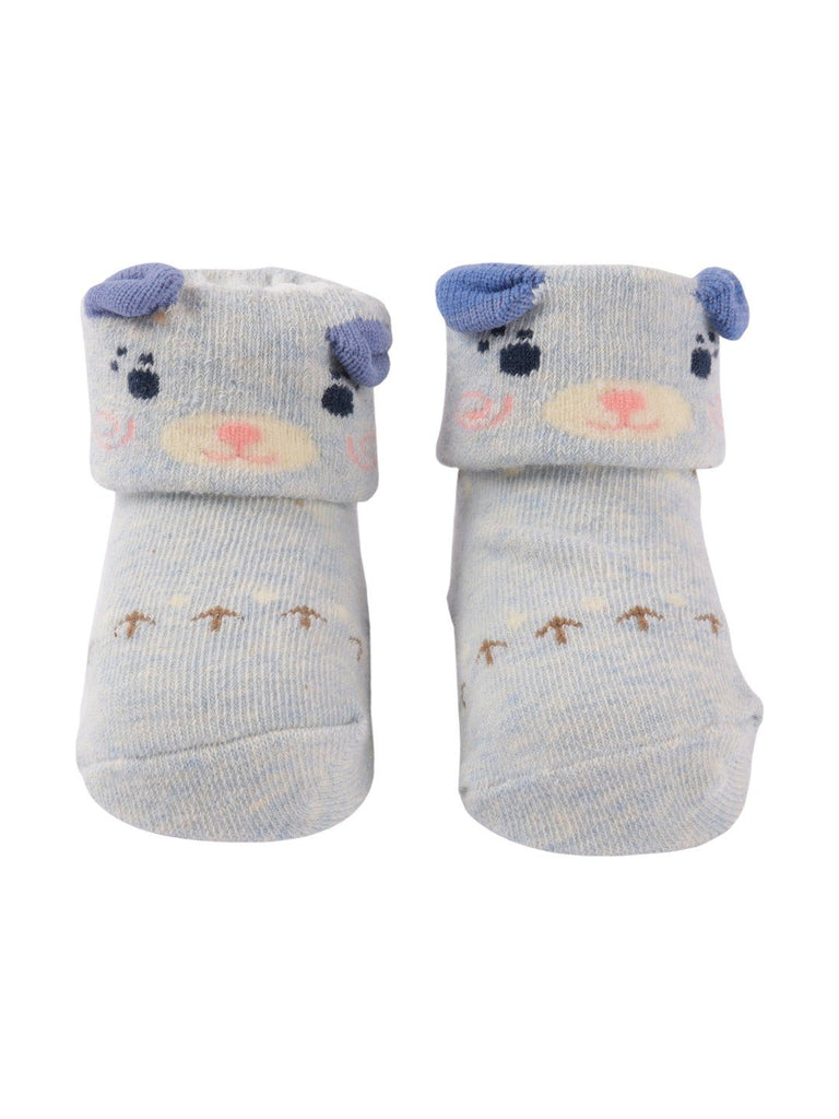 Product view of Light Blue Baby Socks with Cute Bear Face and Ear Accents.