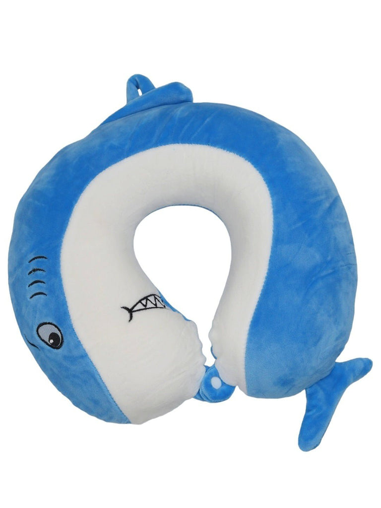 Front view of the Light Blue Shark U-Shaped Travel Neck Pillow for Boys by Yellow Bee.