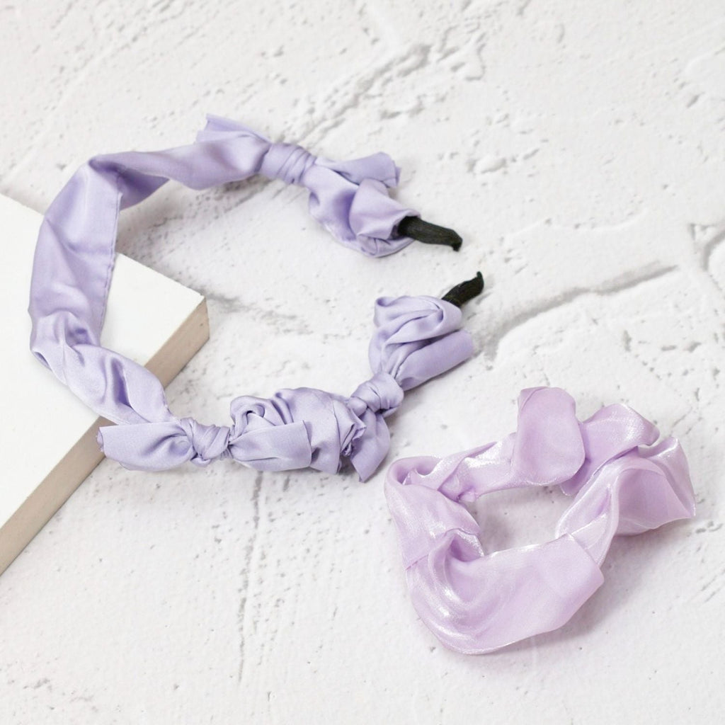 Styled Yellow Bee Purple Bow Hairband and Scrunchie set, ready to complement any outfit