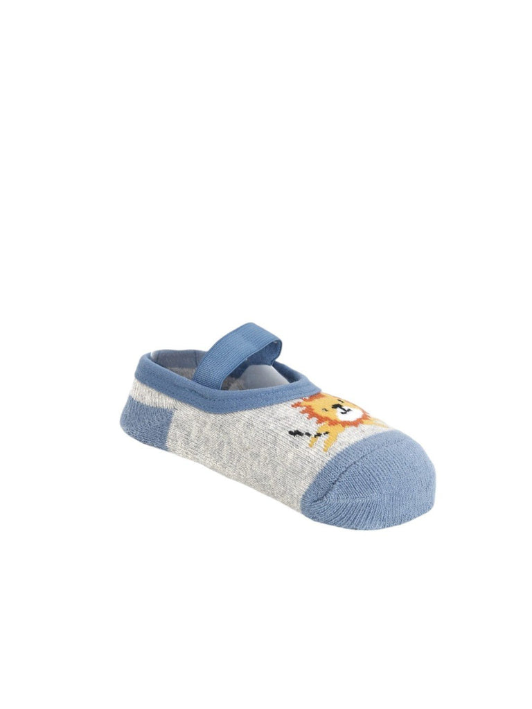 Side angle of baby socks with a lion print and a strap, offering a clear view of their secure design and comfort.