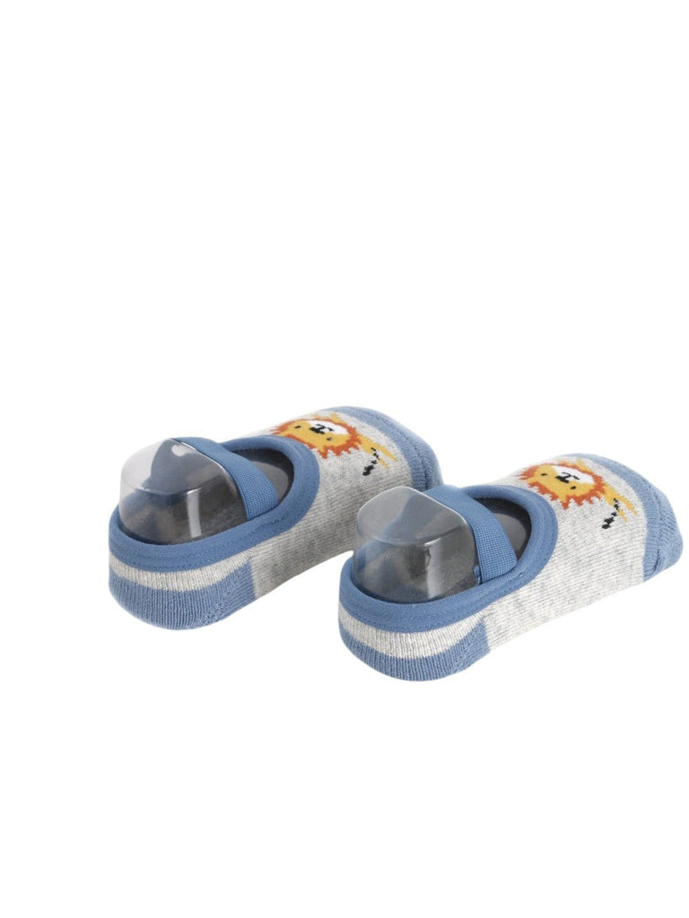 Image of baby socks with a cute lion print, showing the front side, with a secure strap for added comfort and fit.