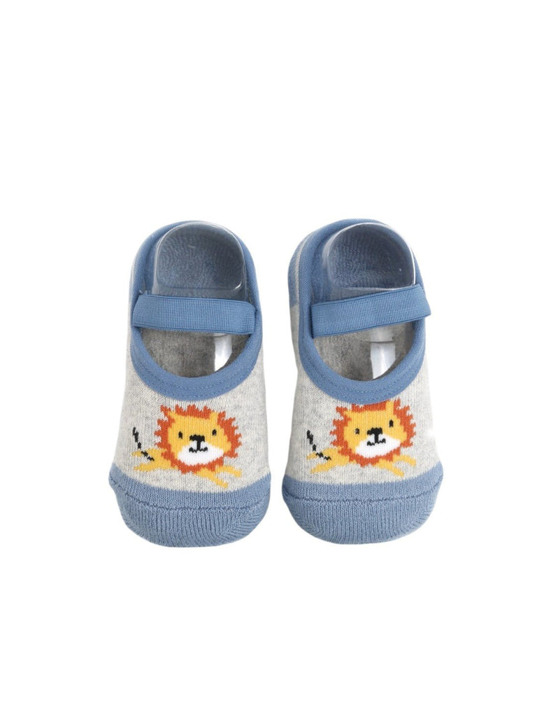 Upper view of baby socks showcasing the cute lion print design, with a supportive strap for a snug fit.