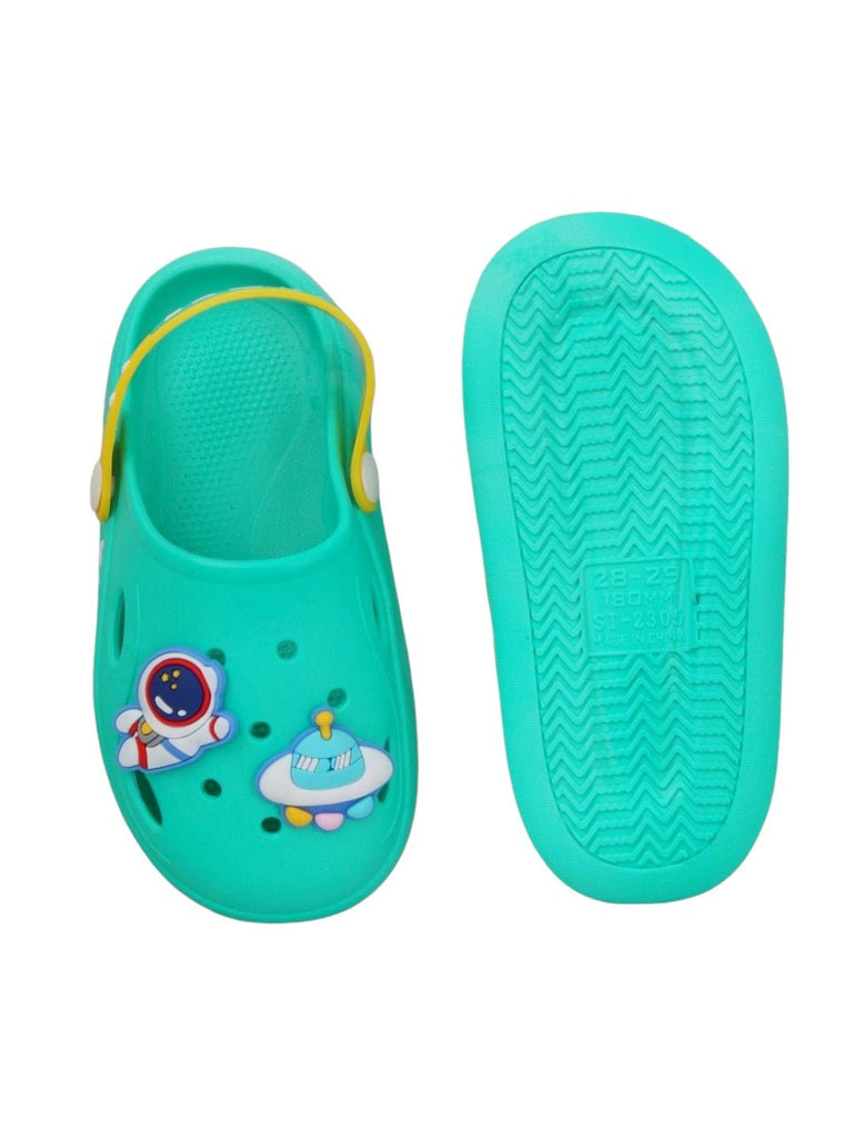 Little Astronaut Green Space Motif Clogs for Toddlers-front & back view