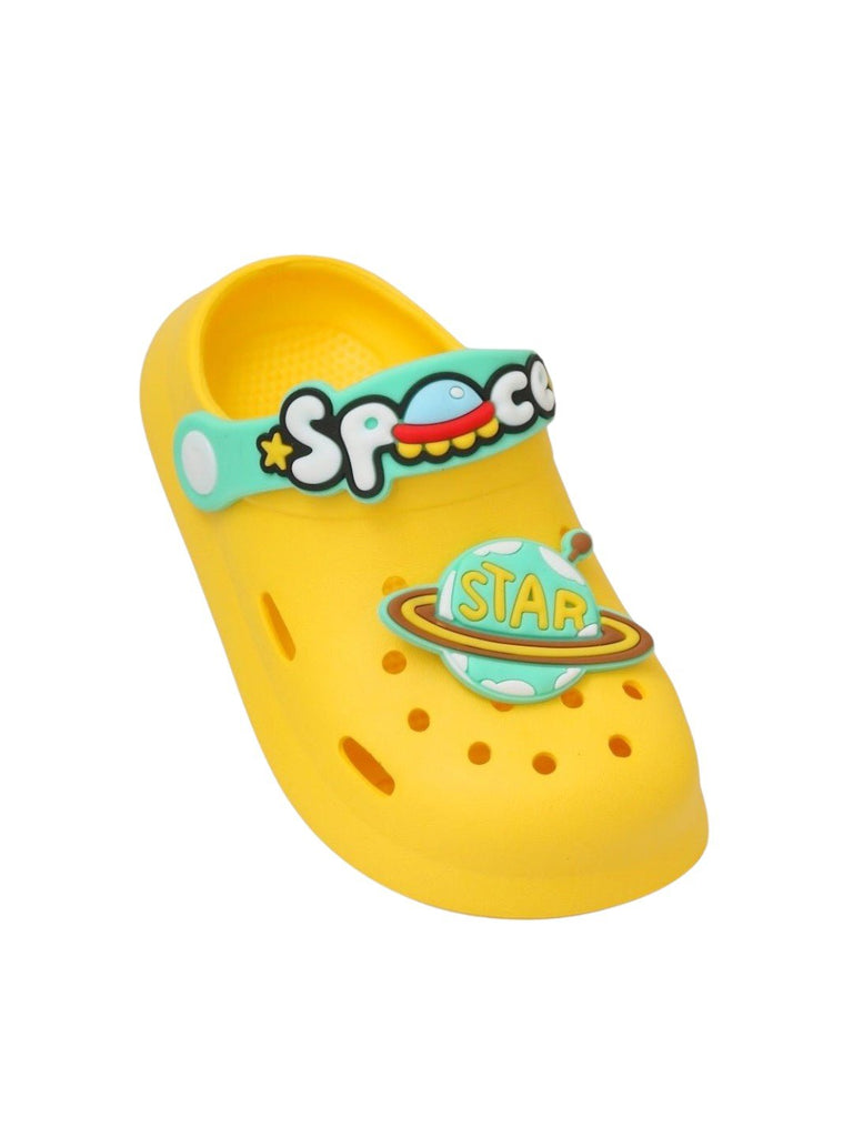 Little Astronaut's Yellow Space Motif Clogs-Angle View