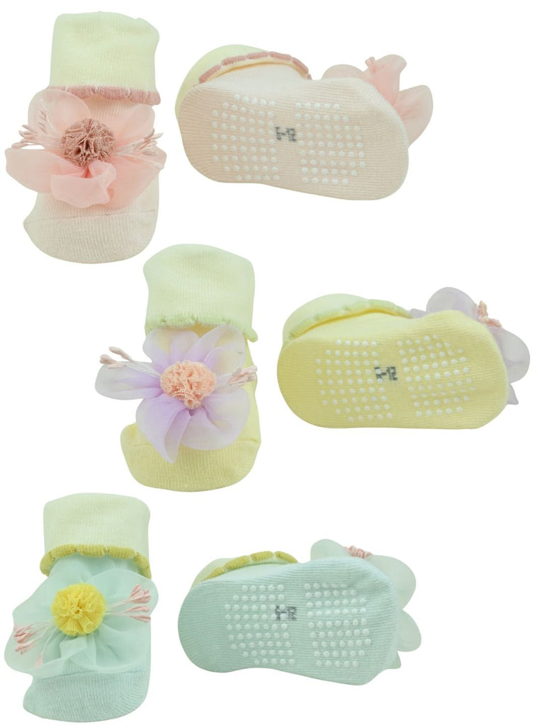Little Blossom Baby Socks – 3D Flower Pastel Ankle Booties for Girls - Multi - Front & Back View
