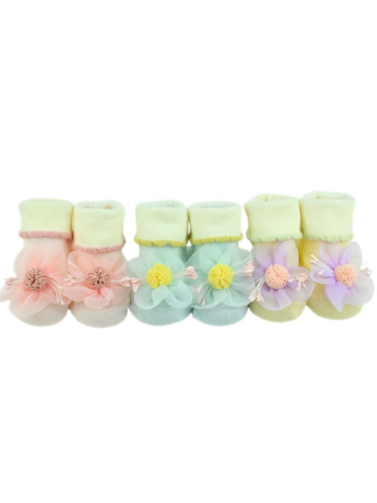 Little Blossom Baby Socks – 3D Flower Pastel Ankle Booties for Girls - Multi - Front View