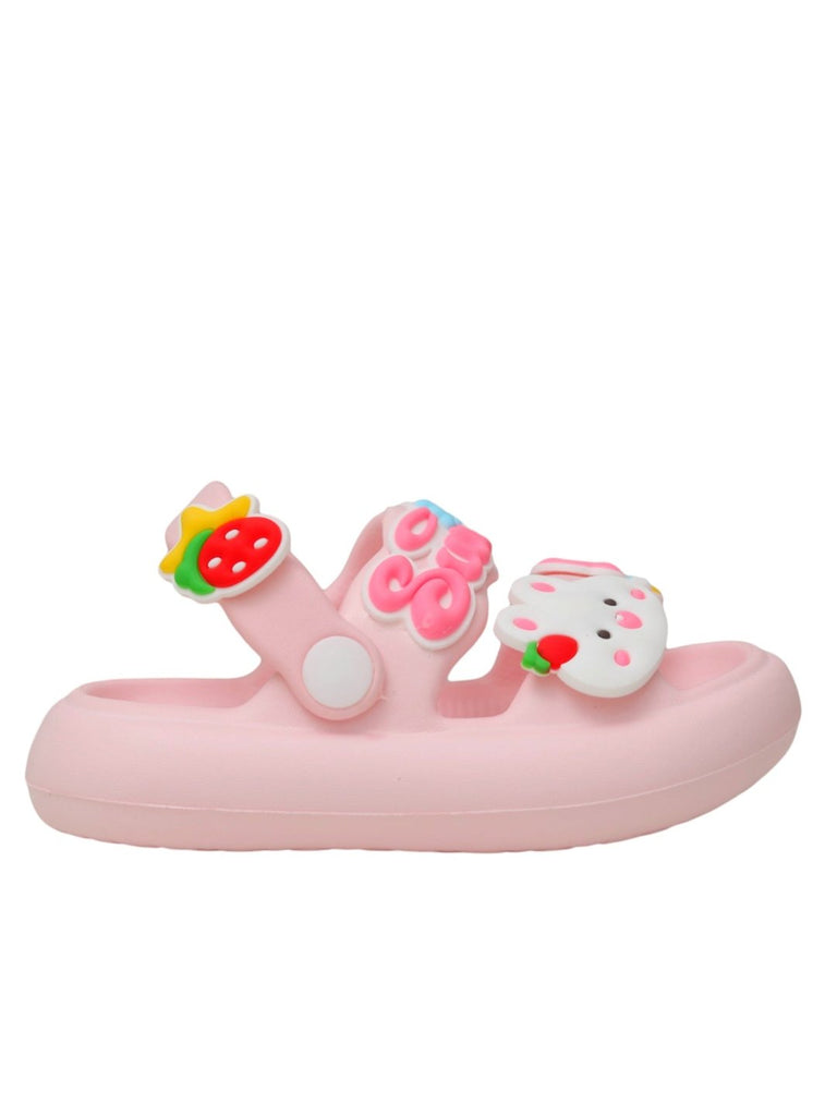 Side view of Pink girls' sandals with slip-resistant soles and decorative charms.