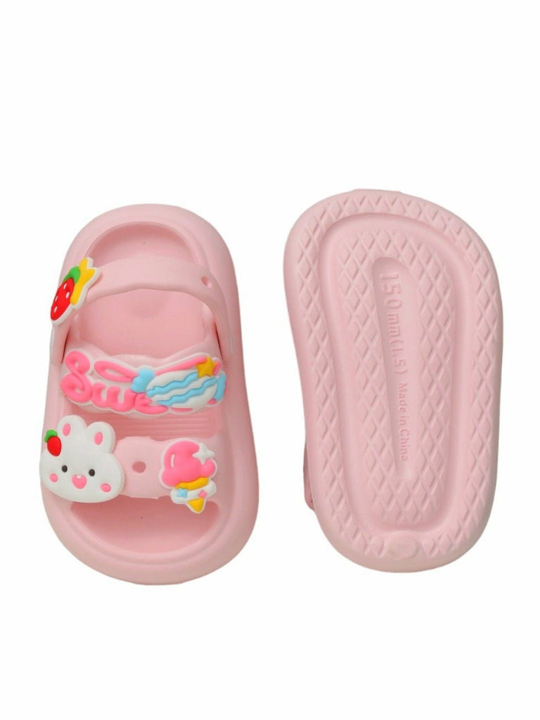 Top and bottom view of Pink Girls' sandals, highlighting the textured sole and charm details by yellow bee