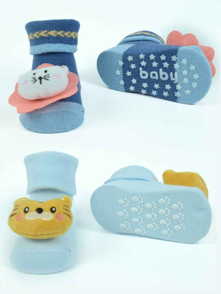 Little Roamers Animal Baby Socks Combo – Tiger & Kitty Designs for Cozy Little Feet-Front & Back View
