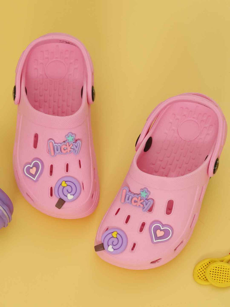 Lovely Pink Clogs with Lucky, Candy & Heart Charms for Girls-Creative View