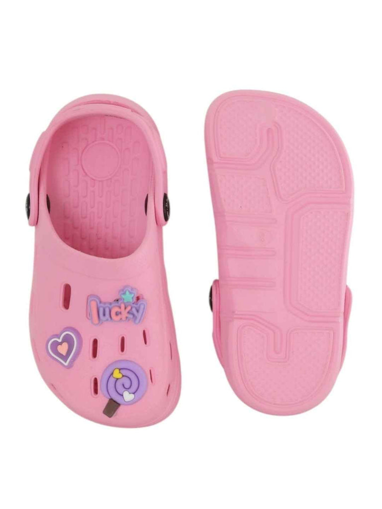 Lovely Pink Clogs with Lucky, Candy & Heart Charms for Girls-Front & Back View