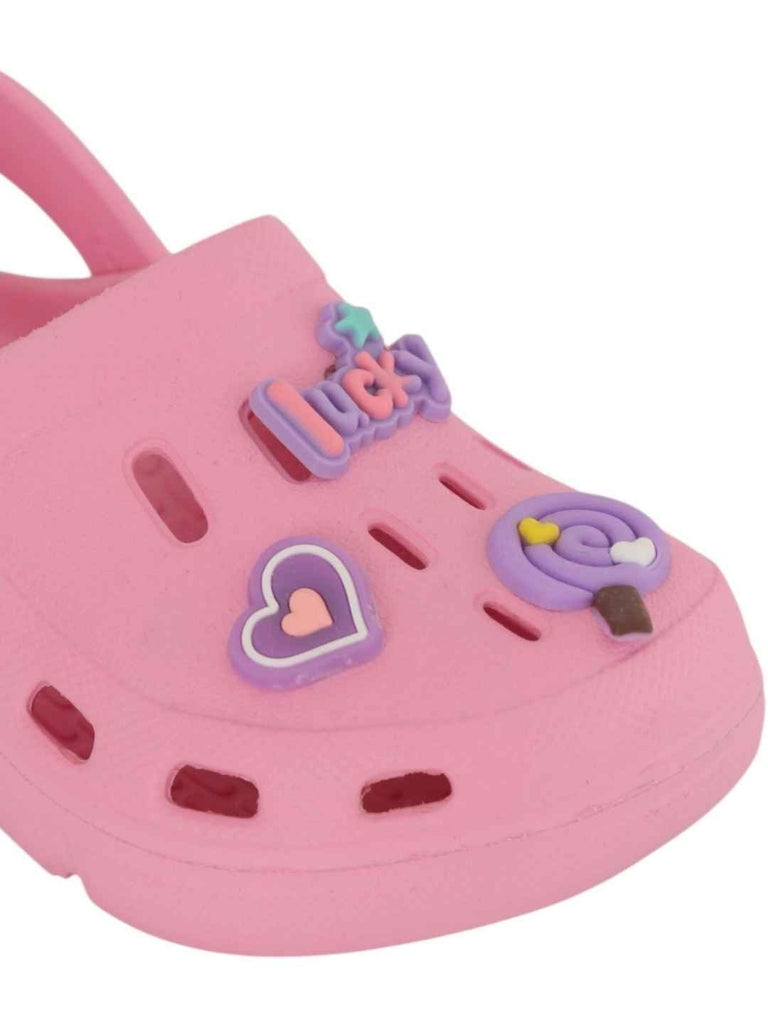 Lovely Pink Clogs with Lucky, Candy & Heart Charms for Girls-Close up view