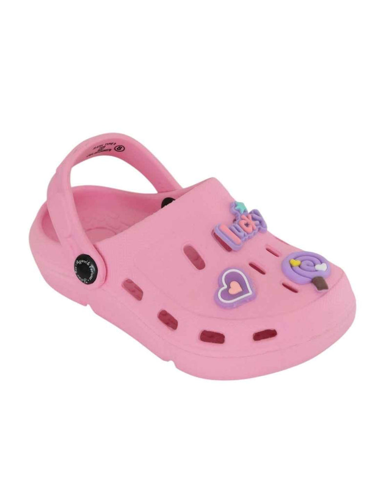 Lovely Pink Clogs with Lucky, Candy & Heart Charms for Girls-Angle View