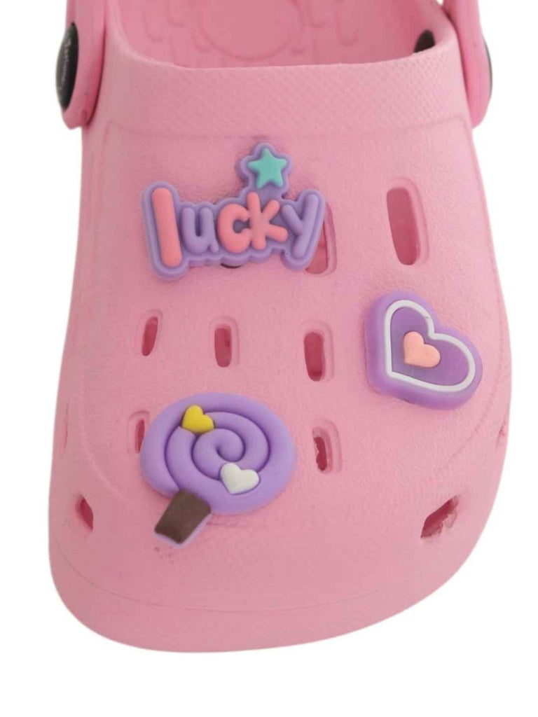 Lovely Pink Clogs with Lucky, Candy & Heart Charms for Girls-Front View