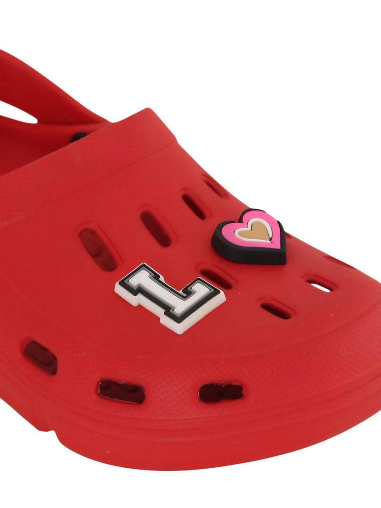 Lovely Red Clogs with “LOVE” Letter & Heart Charms for Girls-Close up view
