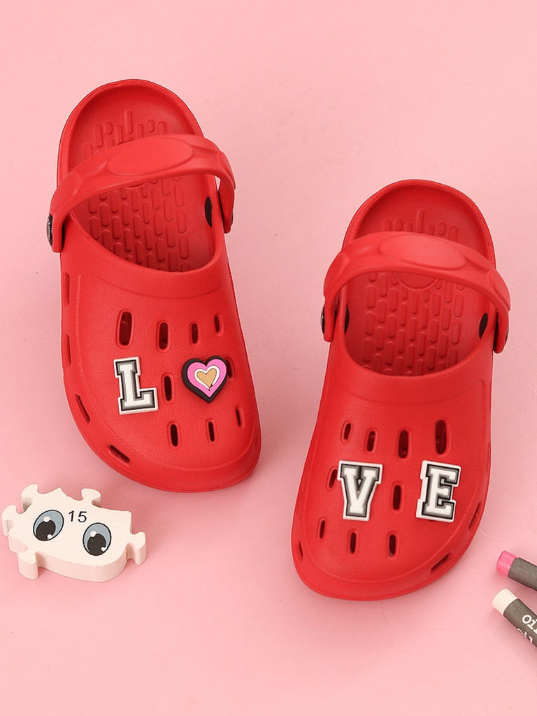 Lovely Red Clogs with “LOVE” Letter & Heart Charms for Girls-Creative View