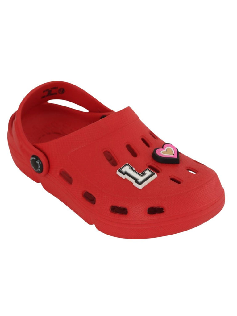 Lovely Red Clogs with “LOVE” Letter & Heart Charms for Girls-Angle View